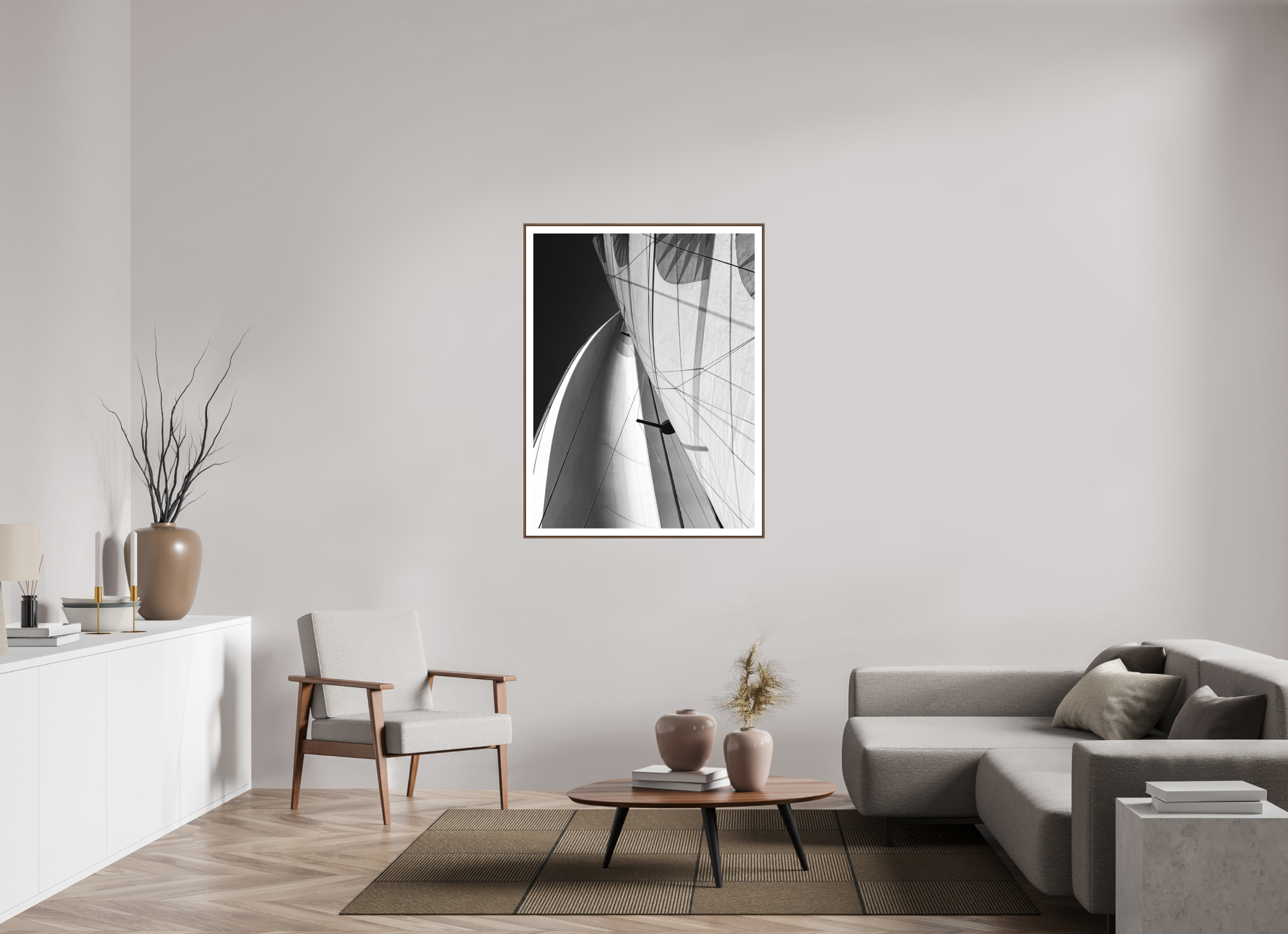 90 x 120 cm, Luxe Paper on Dibond with Walnut Floater Frame the direction