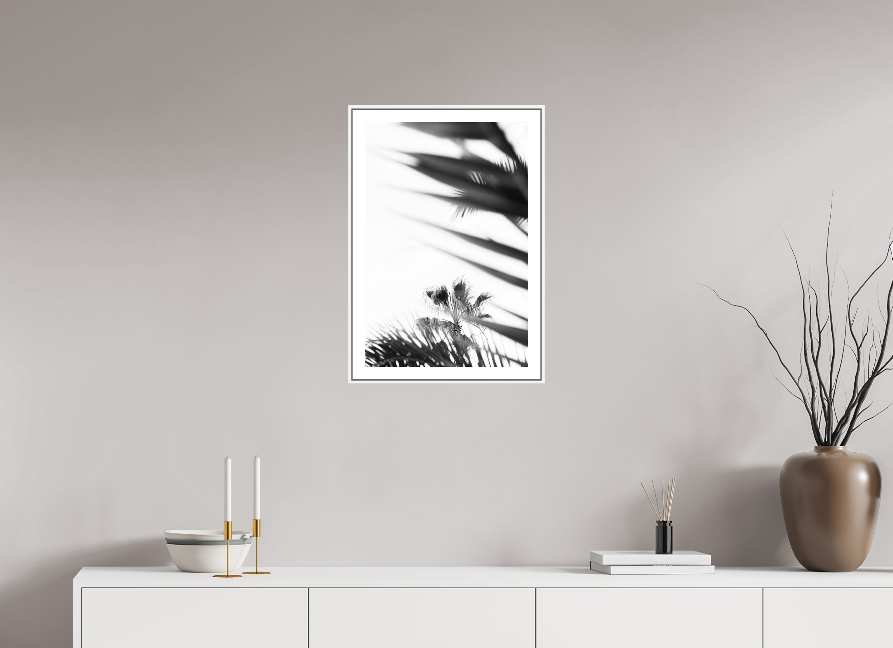 40 x 60 cm, Luxe Paper on Dibond with White Floater Frame palms, balearic islands