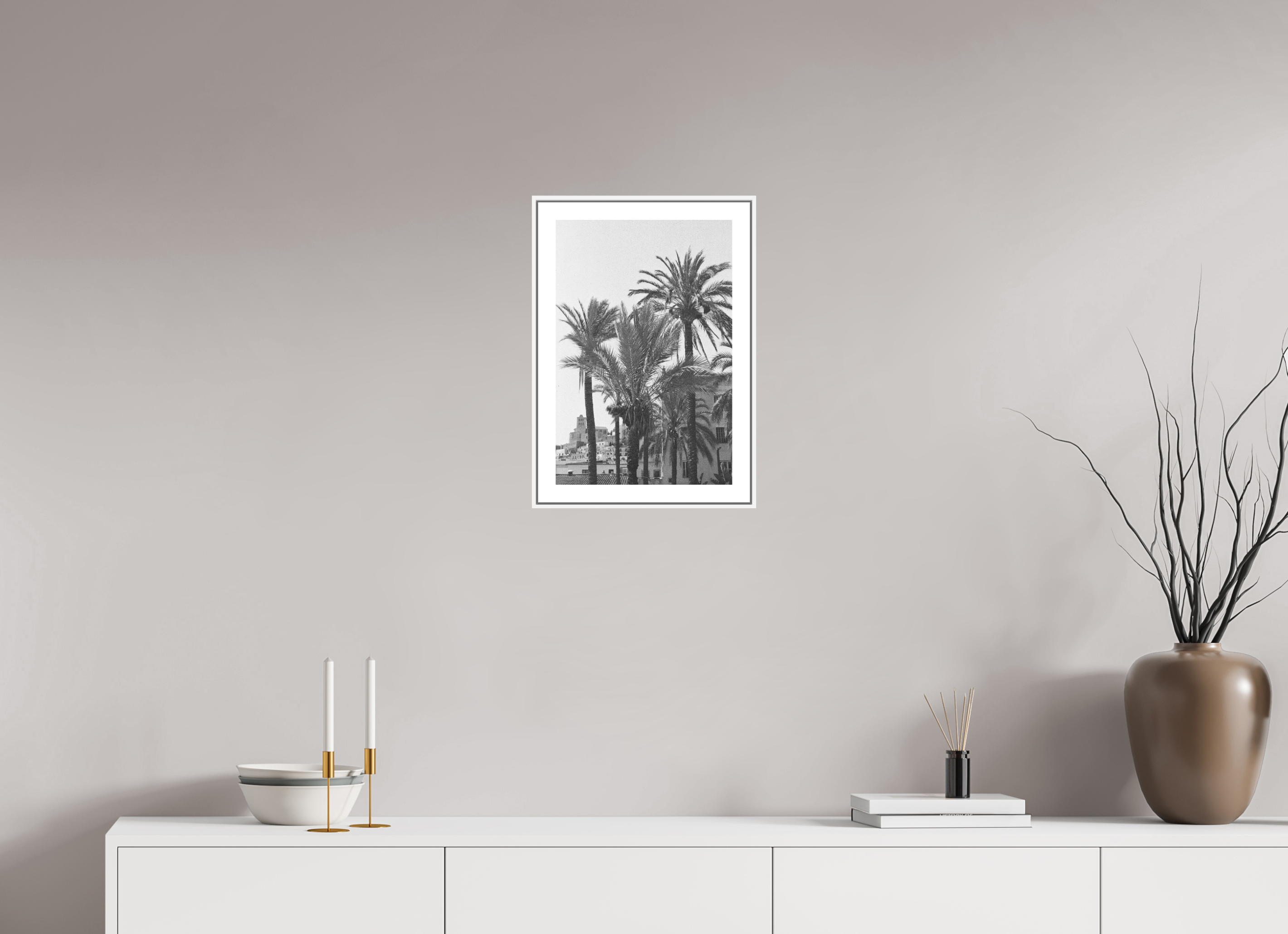 30 x 45 cm, Luxe Paper on Dibond with White Floater Frame ibiza palms on old film