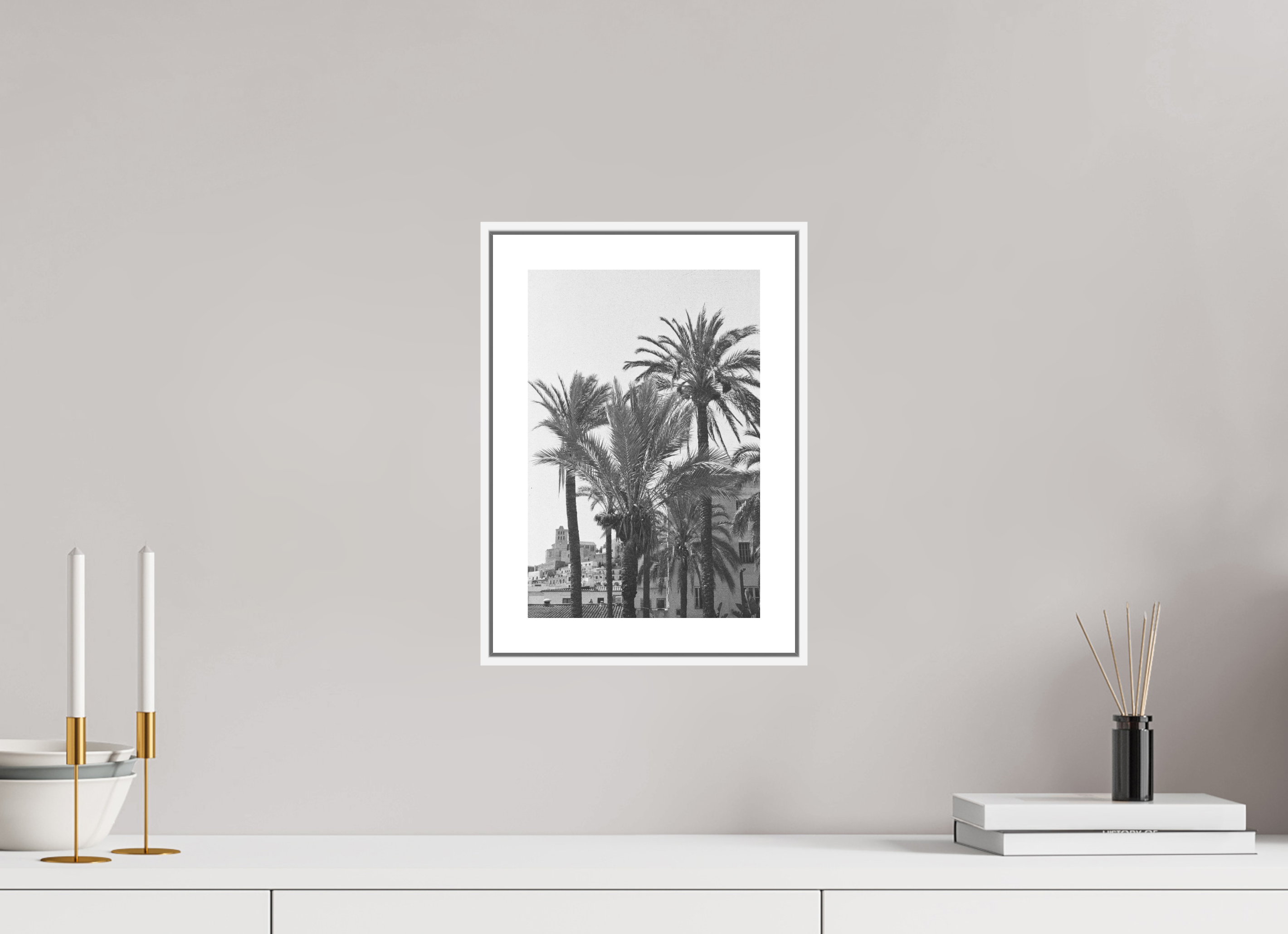 20 x 30 cm, Luxe Paper on Dibond with White Floater Frame ibiza palms on old film
