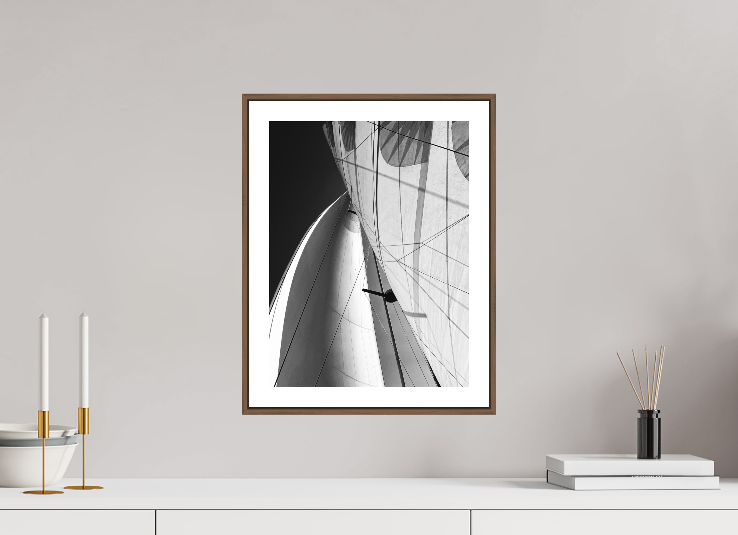 30 x 40 cm, Luxe Paper on Dibond with Walnut Floater Frame the direction